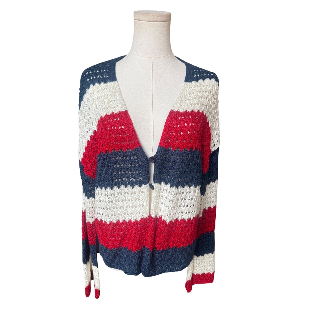 Crochet‎ Fourth of July Open Knit Cardigan Sweater XL Red White Blue Striped - Picture 2 of 11